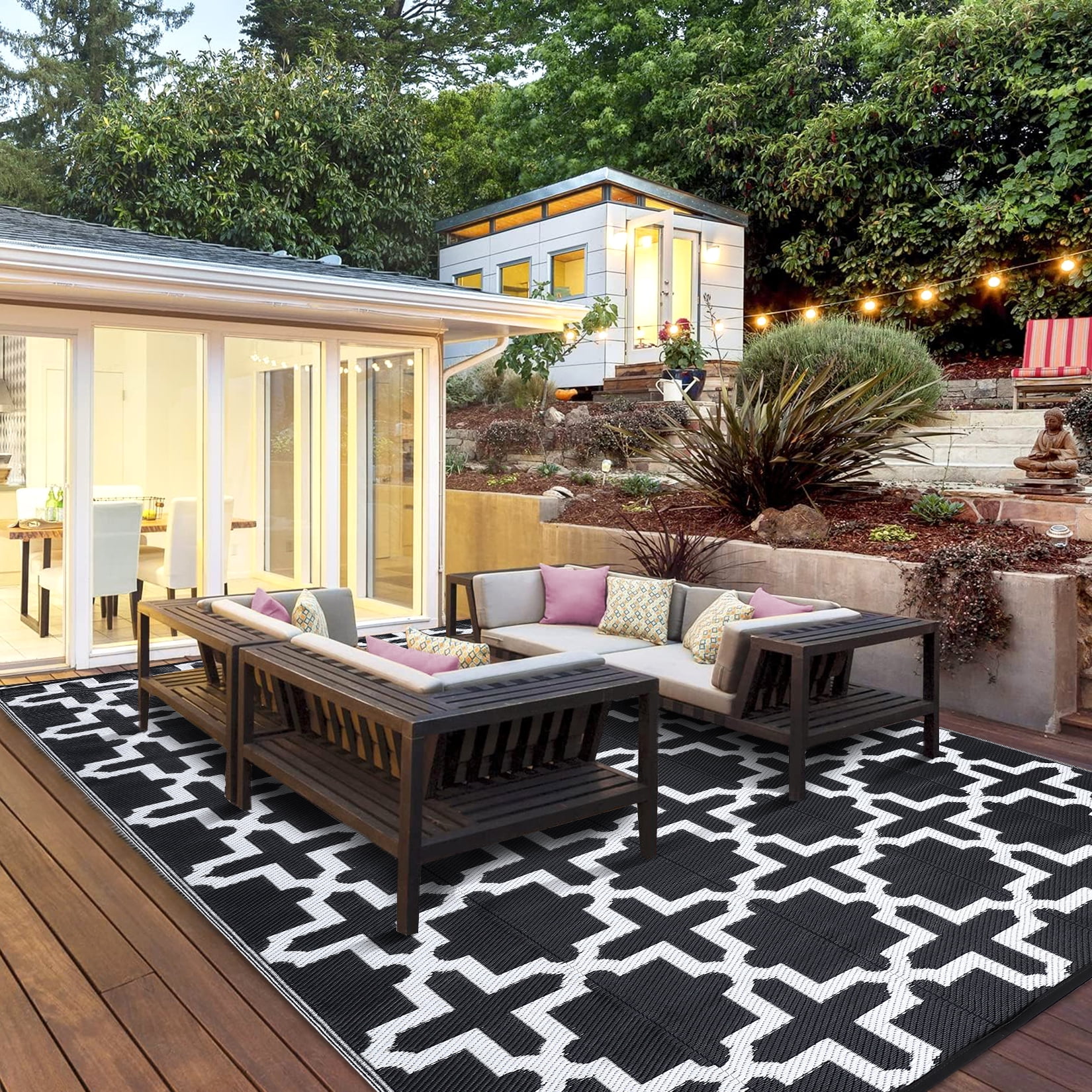 ZACOO Outdoor Rug Carpet Waterproof 6x9 Feet Reversible Patio Rug Outdoor Camping Rug for Backyard Deck Balcony Porch Beach, Black\u0026White